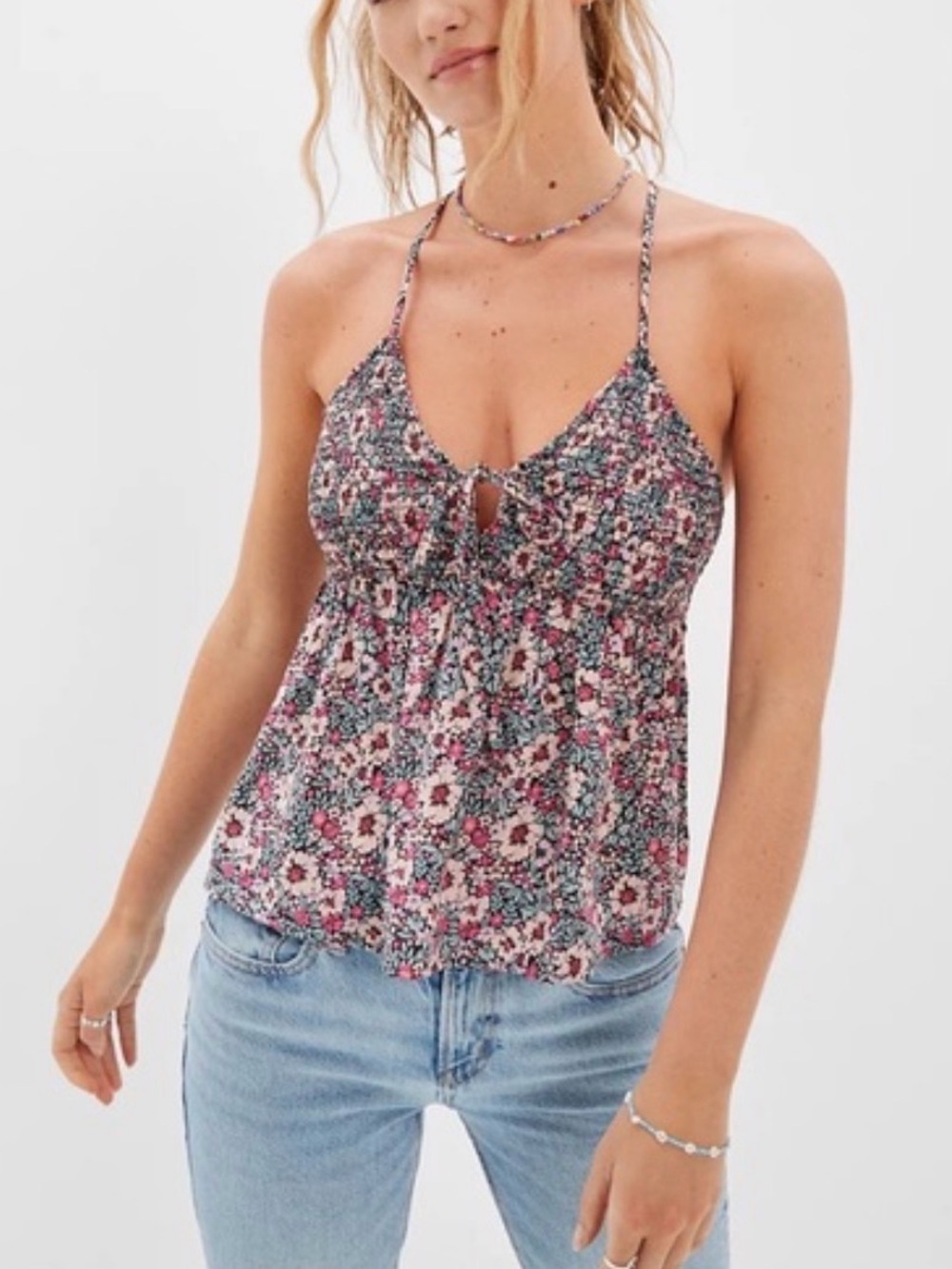 American Eagle Floral Babydoll Smocked Tank Tie Front Silky Boho Flowy Dainty